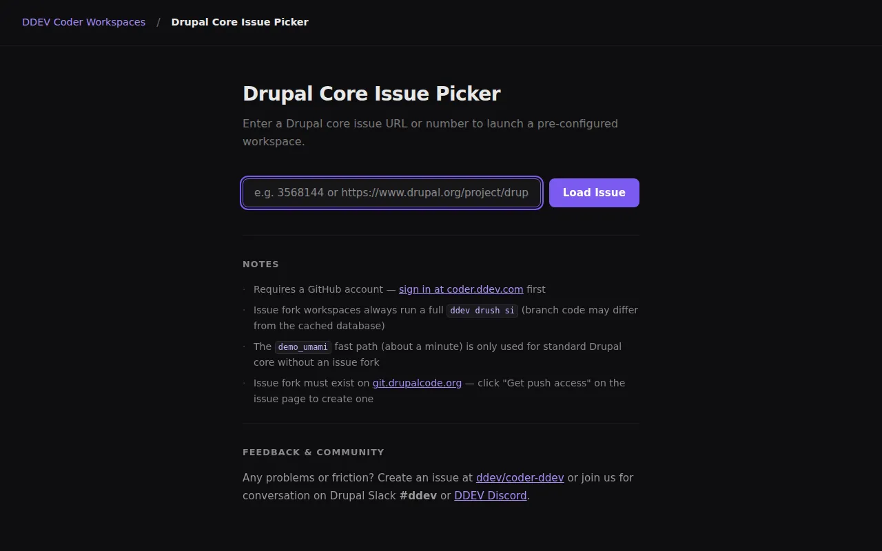 Drupal Core Issue Picker — enter an issue URL or number to launch a pre-configured workspace